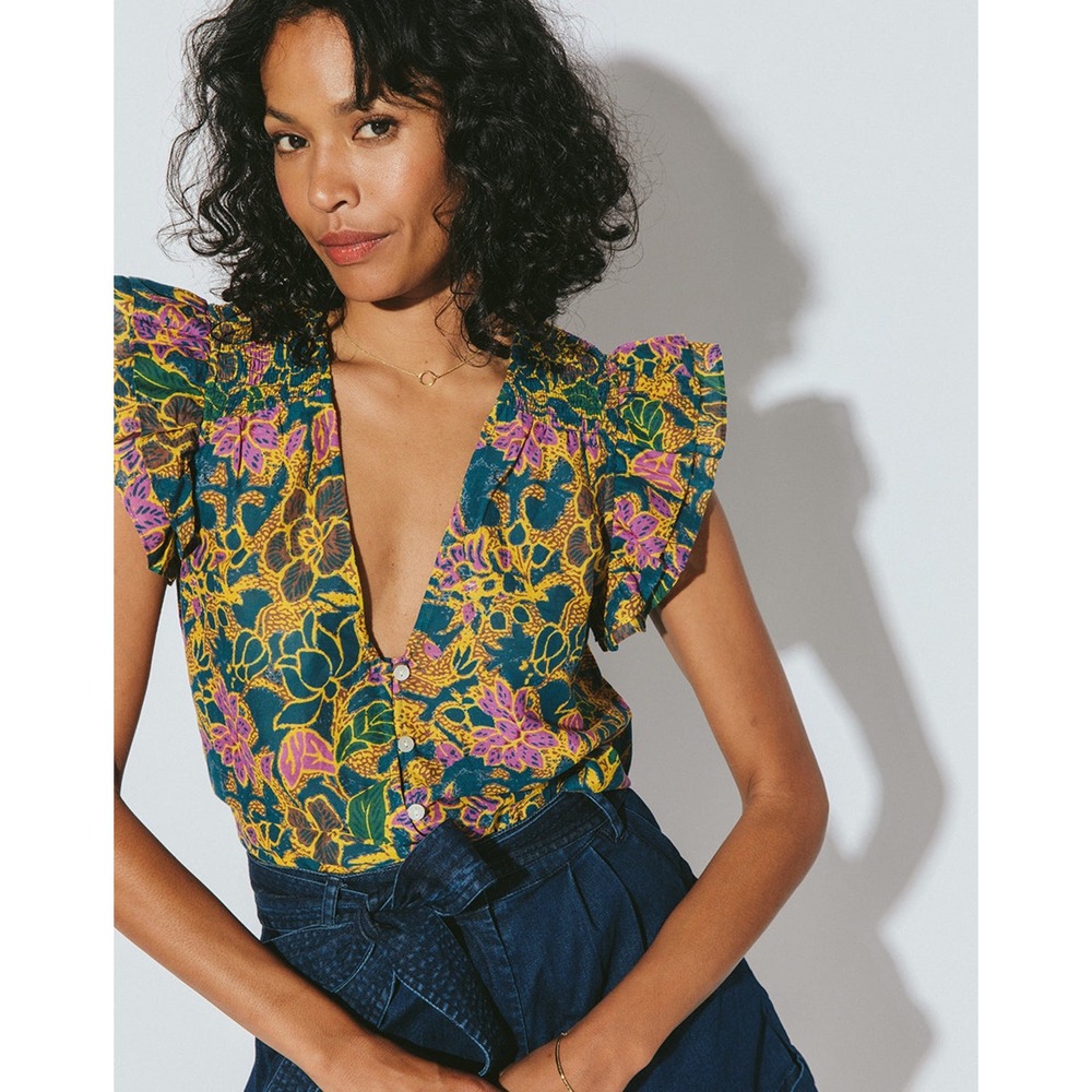 Cleobella Chloe Blouse Indoblockprint Teal Mustard Floral Flutter Sleeve Medium